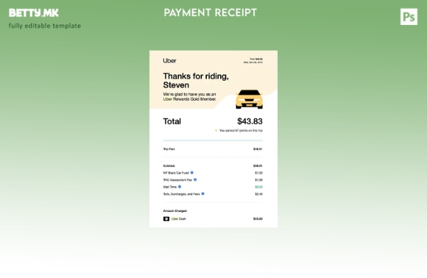 Модерен стил шаблон за потврда за плаќање на услугата Uber